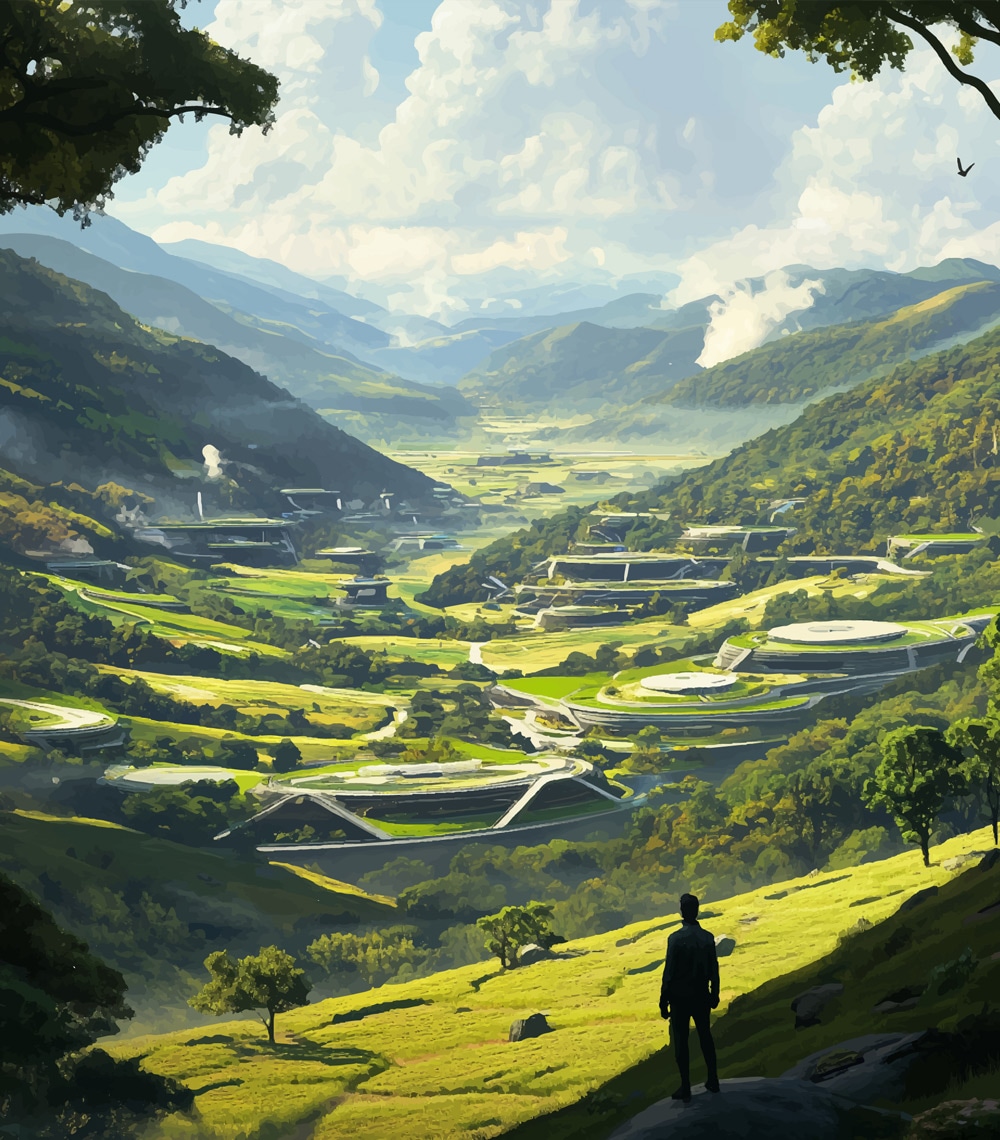 View of a green field with a futuristic city in the background