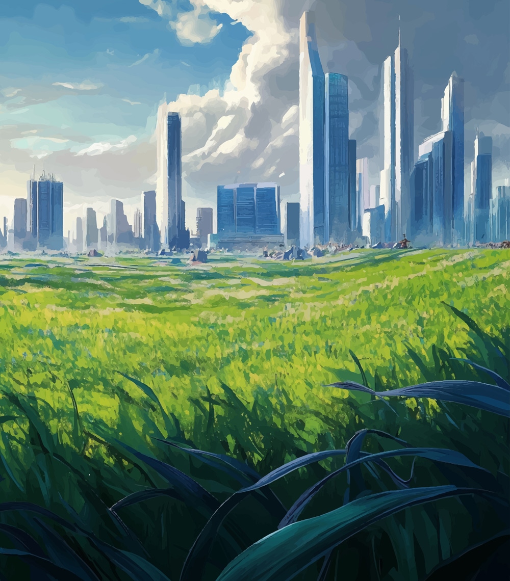 View of a green field with a futuristic city in the background